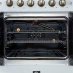 Forno Galiano 30-inch French Door Gas Range
White with Antique Brass Design, 5 Burners,
68,000 BTU, 4.32 cu.ft. Convection Oven