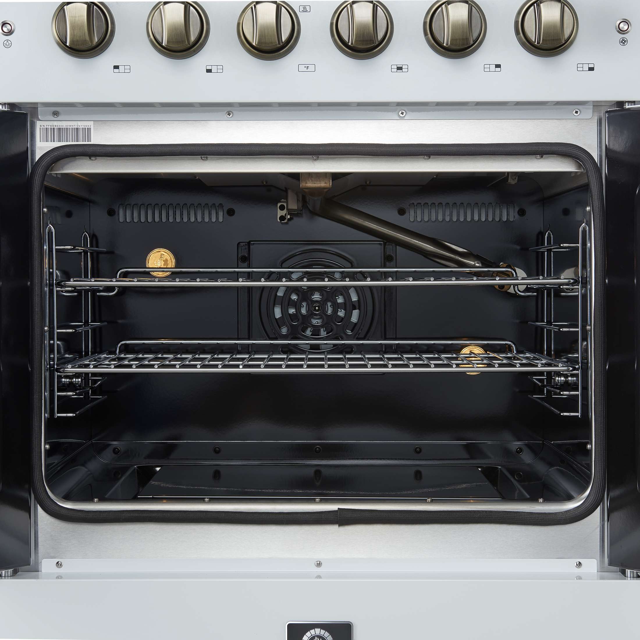 Forno Galiano 30-inch French Door Gas Range
White with Antique Brass Design, 5 Burners,
68,000 BTU, 4.32 cu.ft. Convection Oven
