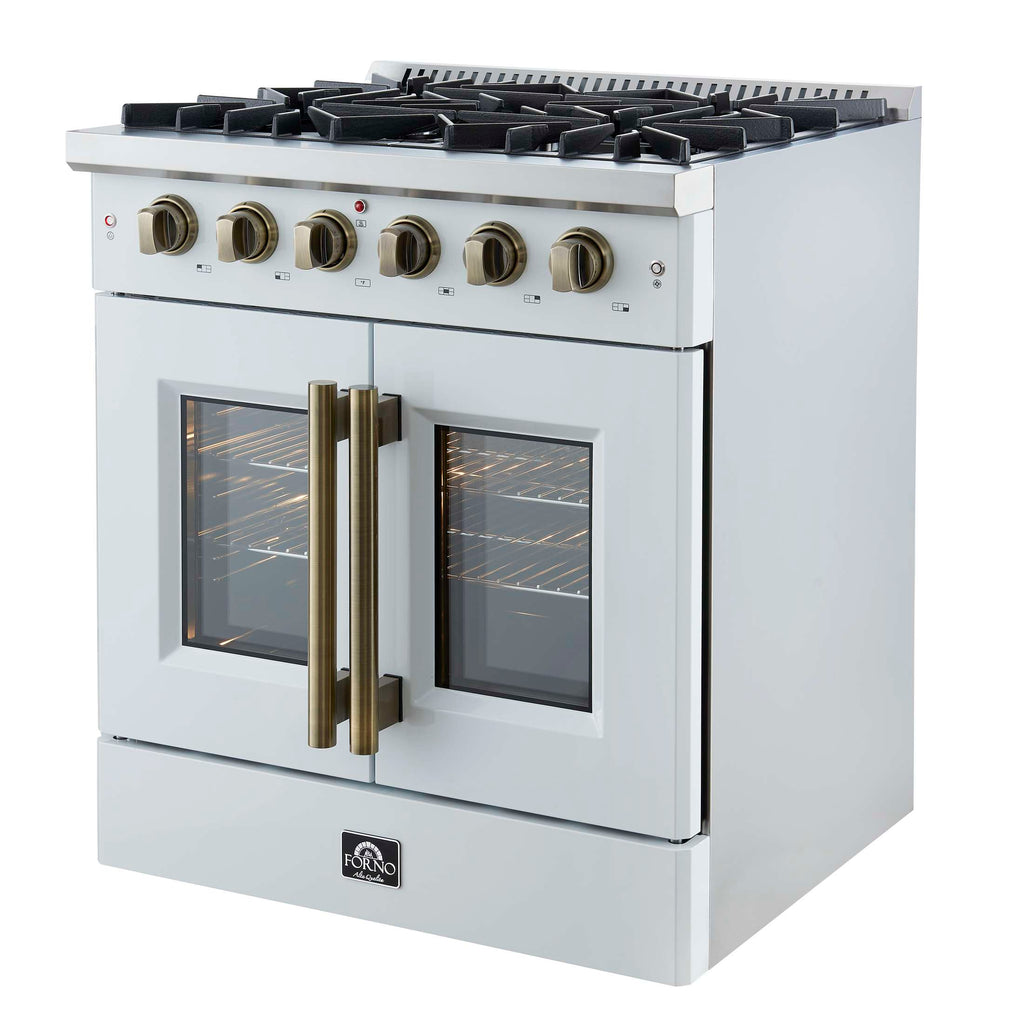 Forno Galiano 30-inch French Door Gas Range
White with Antique Brass Design, 5 Burners,
68,000 BTU, 4.32 cu.ft. Convection Oven