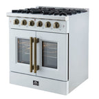 Forno Galiano 30-inch French Door Gas Range
White with Antique Brass Design, 5 Burners,
68,000 BTU, 4.32 cu.ft. Convection Oven