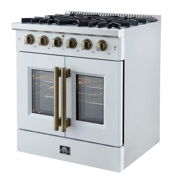 Forno Galiano 30-inch French Door Gas Range
White with Antique Brass Design, 5 Burners,
68,000 BTU, 4.32 cu.ft. Convection Oven