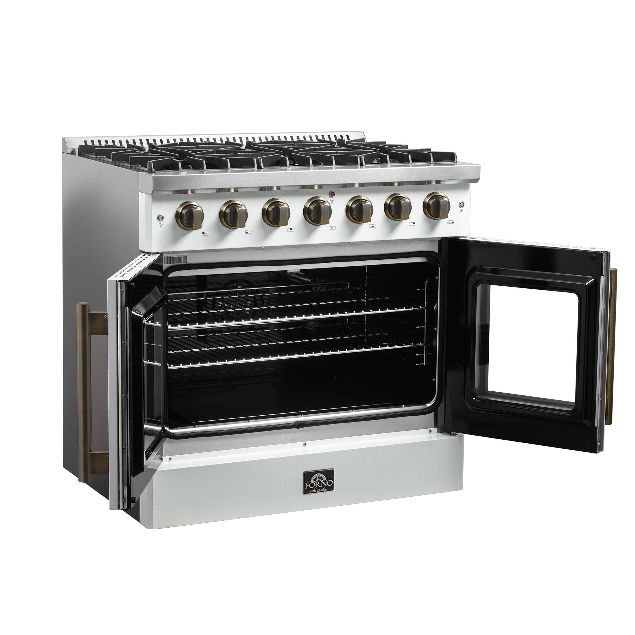 Forno Galiano 36-inch French Door Gas Range White and Antique Brass Design, 6 Sealed Burners 83,000 BTU, 5.36 cu.ft. Convection Oven