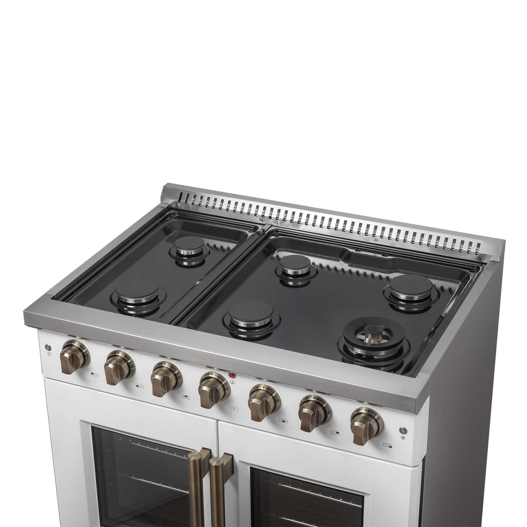 Forno Galiano 36-inch French Door Gas Range White and Antique Brass Design, 6 Sealed Burners 83,000 BTU, 5.36 cu.ft. Convection Oven