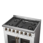 Forno Galiano 36-inch French Door Gas Range White and Antique Brass Design, 6 Sealed Burners 83,000 BTU, 5.36 cu.ft. Convection Oven