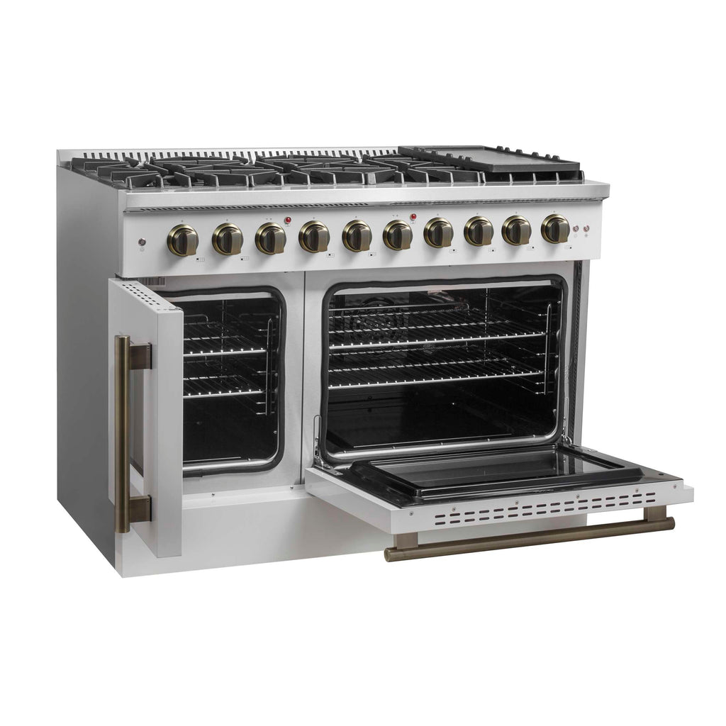 Forno Galiano 48-Inch Freestanding French Door Gas Range, White & Antique Brass