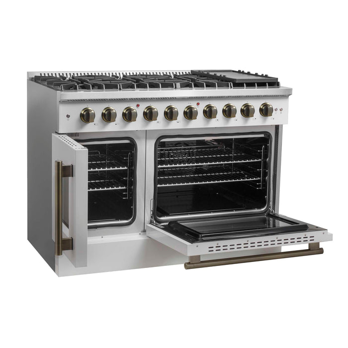 Forno Galiano 48-Inch Freestanding French Door Gas Range, White & Antique Brass