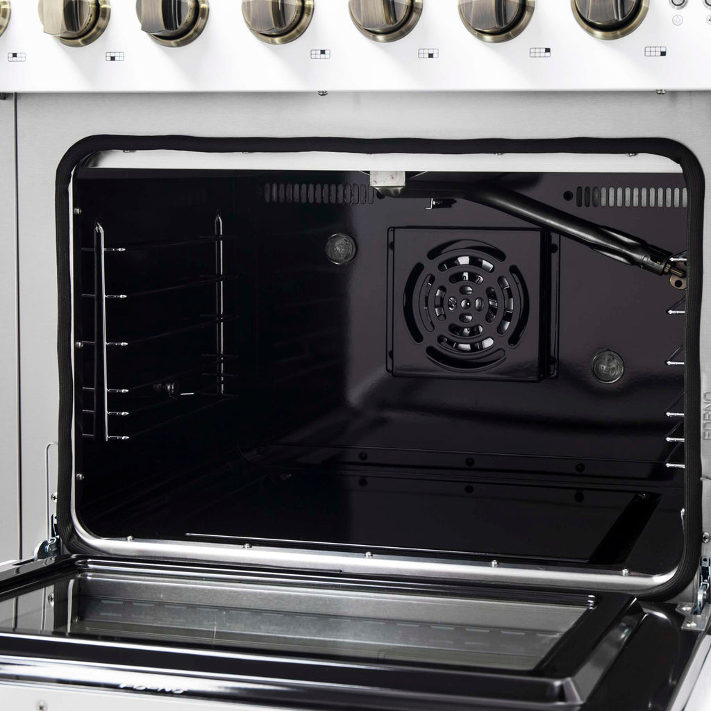 Forno Galiano 48-Inch Freestanding French Door Gas Range, White & Antique Brass