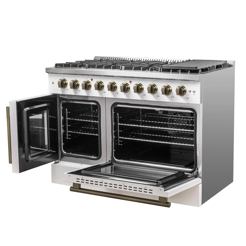 Forno Galiano 48-Inch Freestanding French Door Gas Range, White & Antique Brass