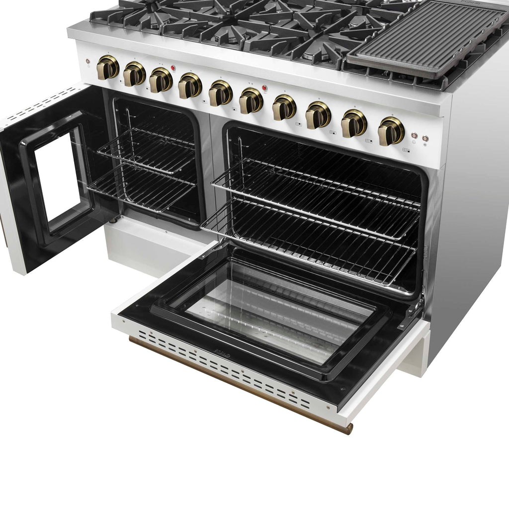 Forno Galiano 48-Inch Freestanding French Door Gas Range, White & Antique Brass