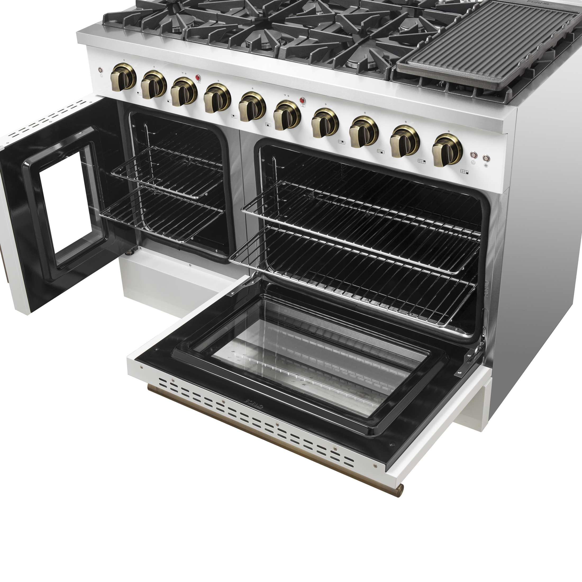 Forno Galiano 48-Inch Freestanding French Door Gas Range, White & Antique Brass