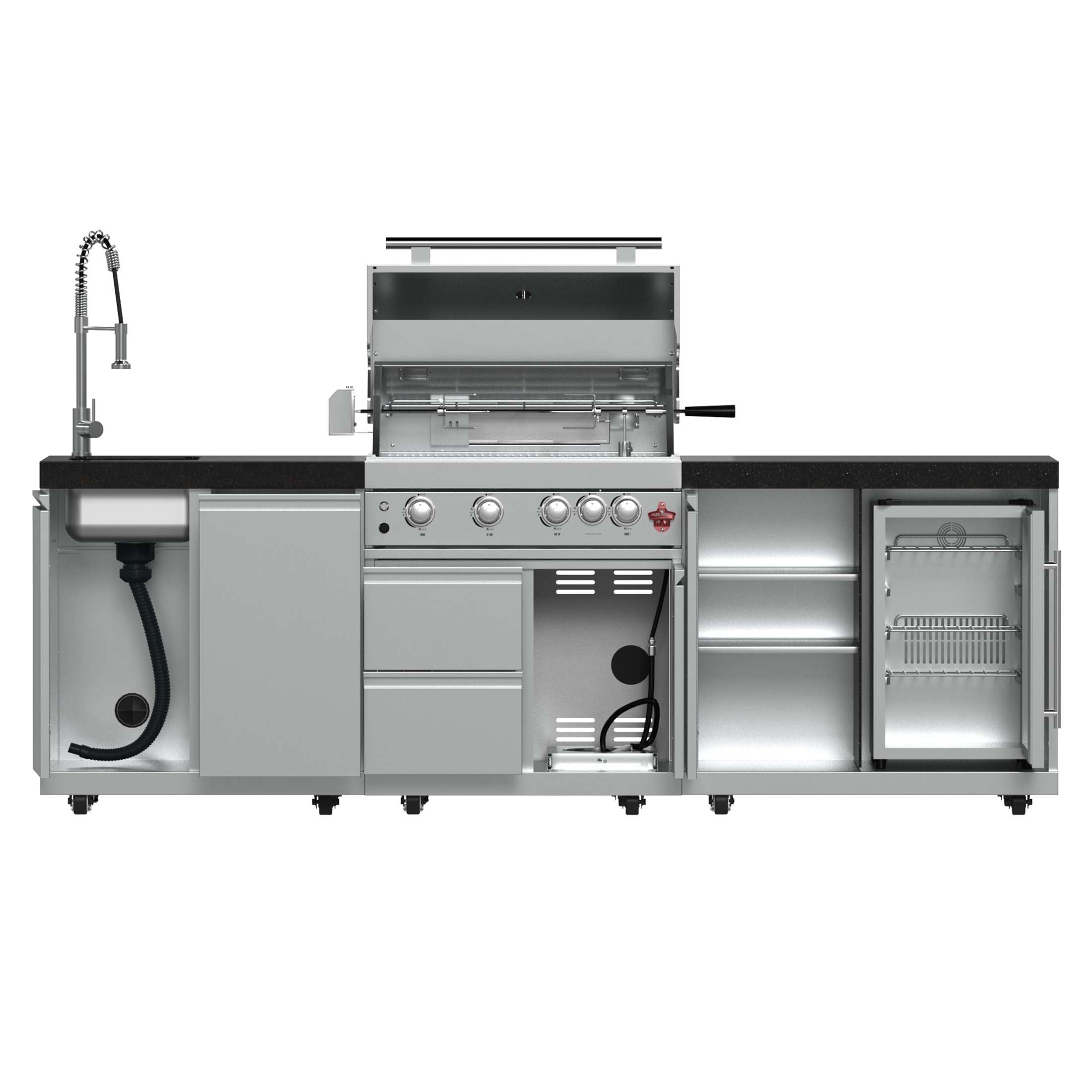 FORNO Bulnes 30-Inch BBQ, 60,000 BTU, 3 Burners with Sear & Rotisserie Infrared Burners, Stainless Steel Outdoor Kitchen with 1.8 cu.ft. Beverage Center & Black Granite Countertops