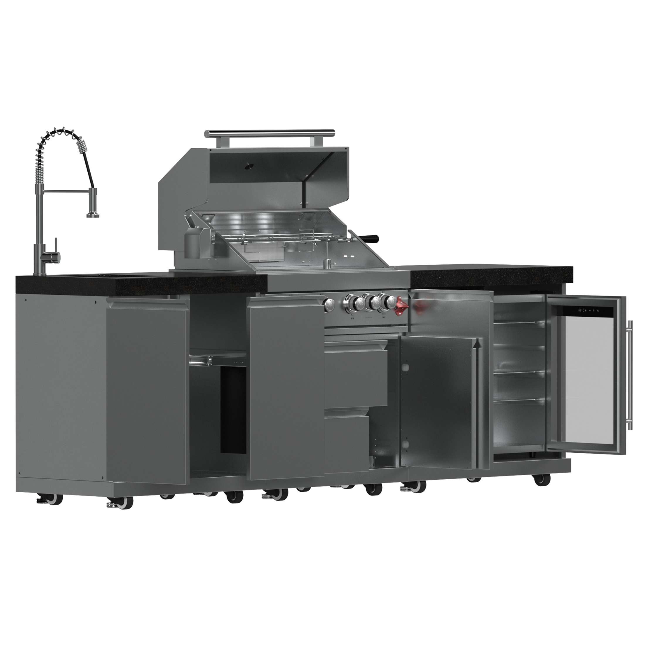 FORNO Bulnes 30-Inch BBQ, 60,000 BTU, 3 Burners with Sear & Rotisserie Infrared Burners, Stainless Steel Outdoor Kitchen with 1.8 cu.ft. Beverage Center & Black Granite Countertops