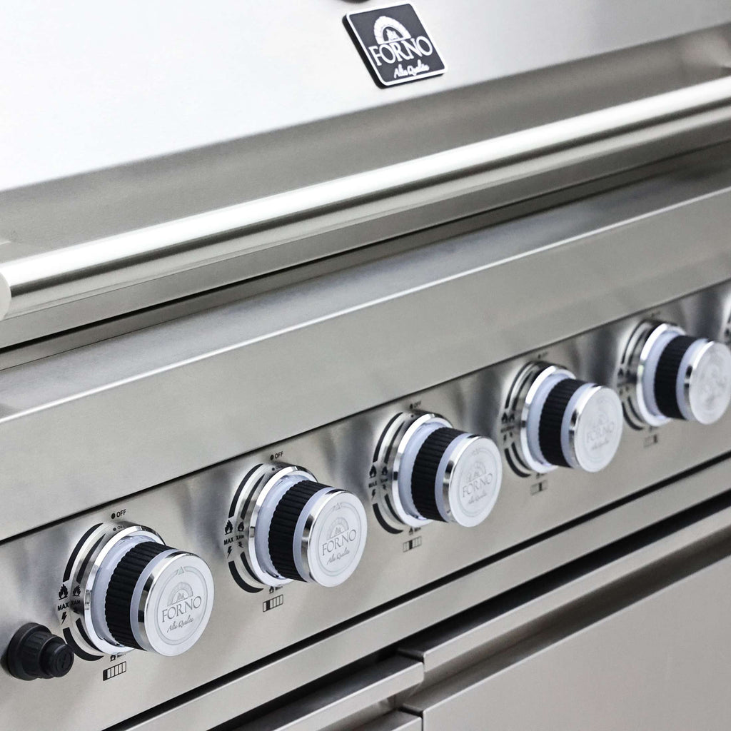 FORNO Bulnes 40-Inch BBQ, 95,000 BTU, 5 Burners, Sear & Rotisserie Infrared with Side Burner, Stainless Steel Outdoor Kitchen with 1.8 cu.ft. Beverage Center & Black Granite Countertops