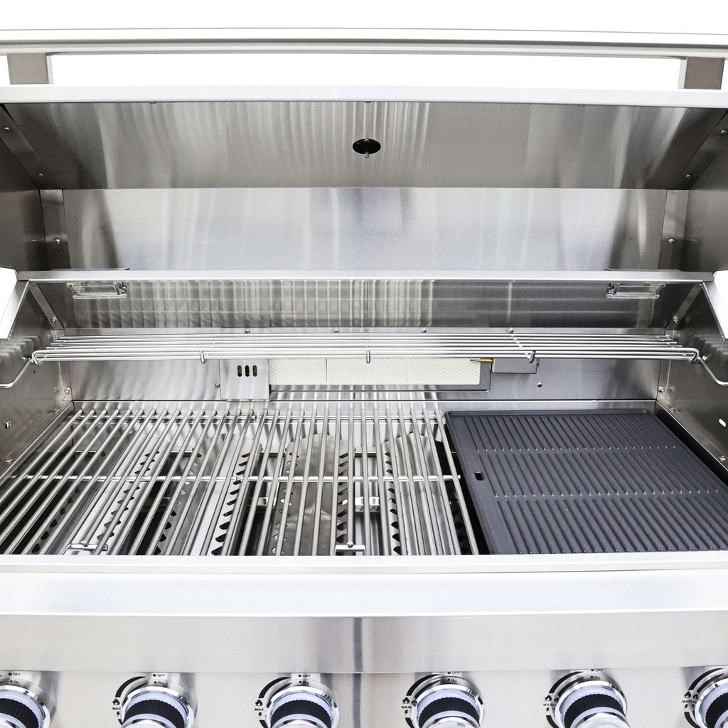 FORNO Bulnes 40-Inch BBQ, 95,000 BTU, 5 Burners, Sear & Rotisserie Infrared with Side Burner, Stainless Steel Outdoor Kitchen with 1.8 cu.ft. Beverage Center & Black Granite Countertops