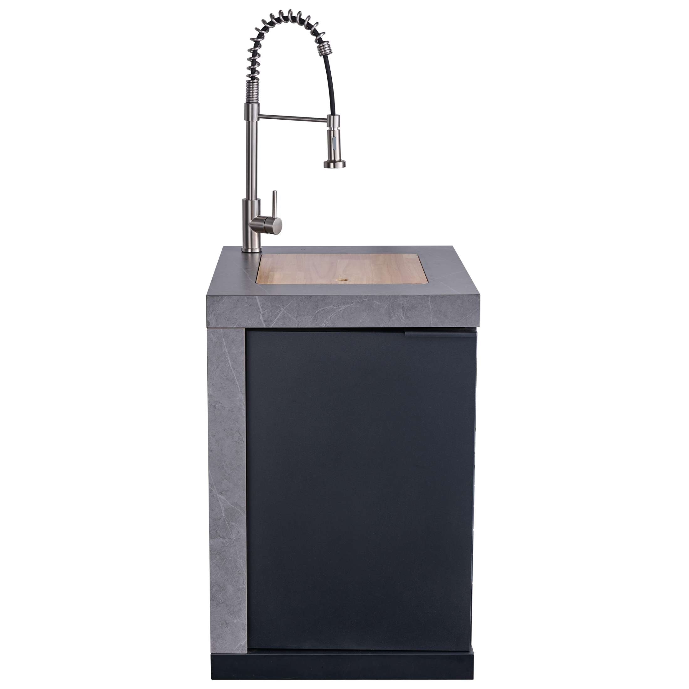 Forno Rimini Outdoor Kitchen 30" BBQ 62,600 BTU, 3 Burners with Sear & Rotisserie, 2.4 cu.ft. Beverage Center, Stainless Steel Sink, Black Cabinets & Gray Sintered Stone Countertop