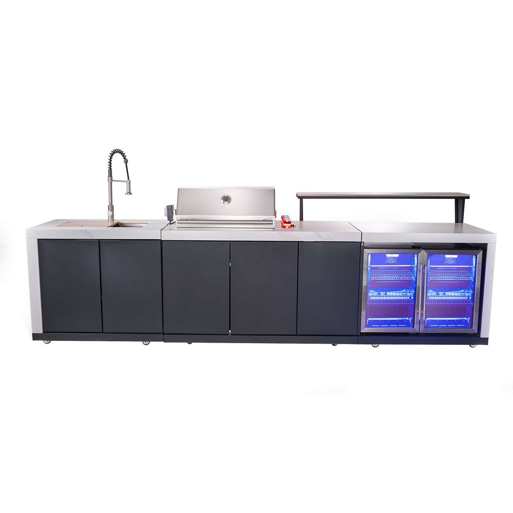Forno Rimini Outdoor Kitchen: 30" BBQ 62,600 BTU, 4.8 cu.ft. Refrigerators, White Countertops