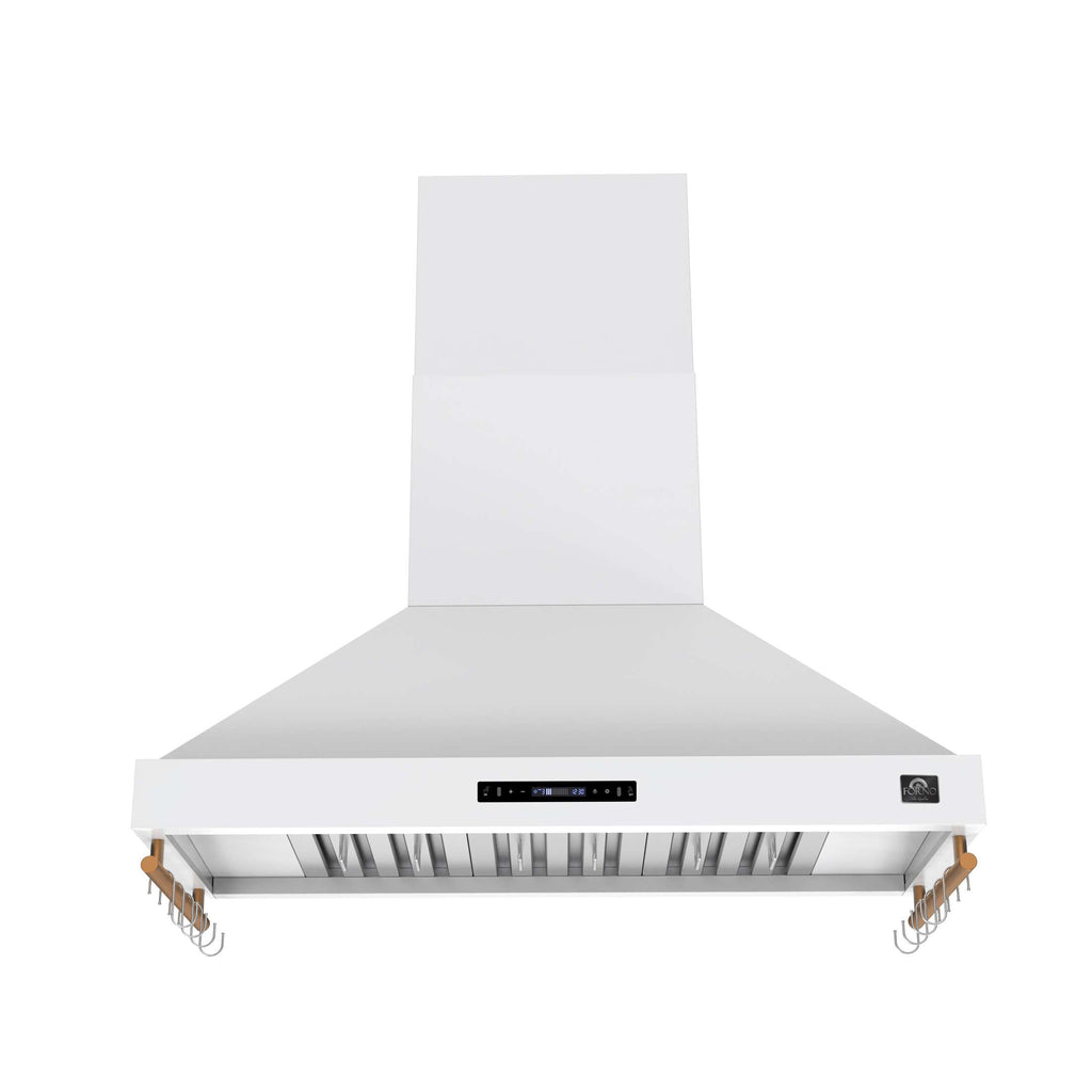 Forno Venezia 48 Inch Wall-Mounted Range Hood in White with Antique Brass Accessories, Touch Controls and Baffle Filters