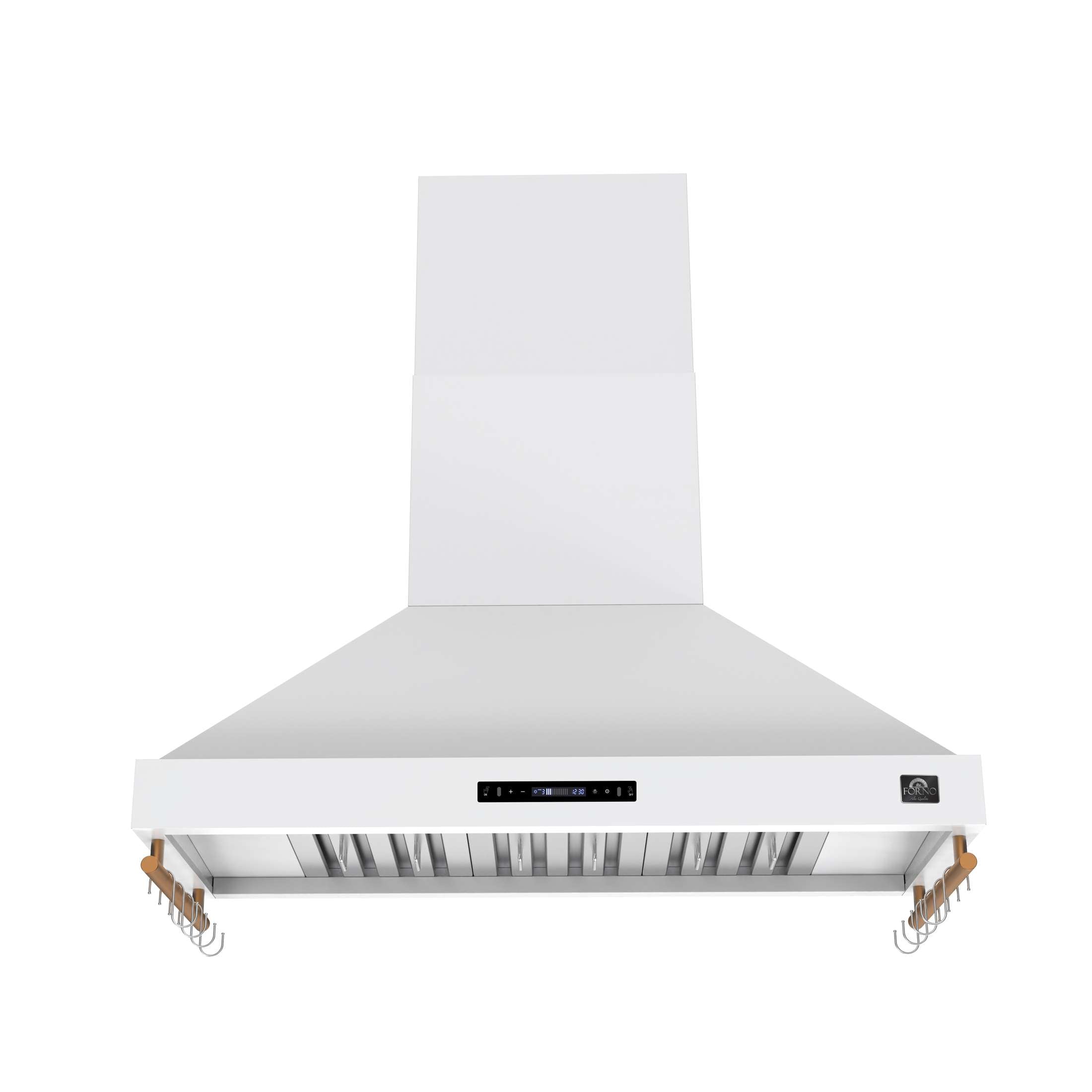 Forno Venezia 48 Inch Wall-Mounted Range Hood in White with Antique Brass Accessories, Touch Controls and Baffle Filters