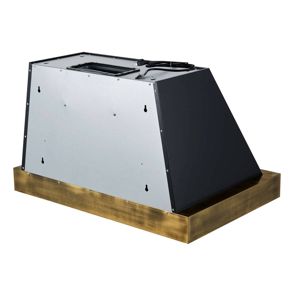 Forno Vittorio 36-Inch Wall Mount Range Hood, Black with Antique Brass Trim, 424 CFM Airflow, Dishwasher-Safe Baffle Filters, Remote Control, 3-Speed Fan, Bright LED Lighting.