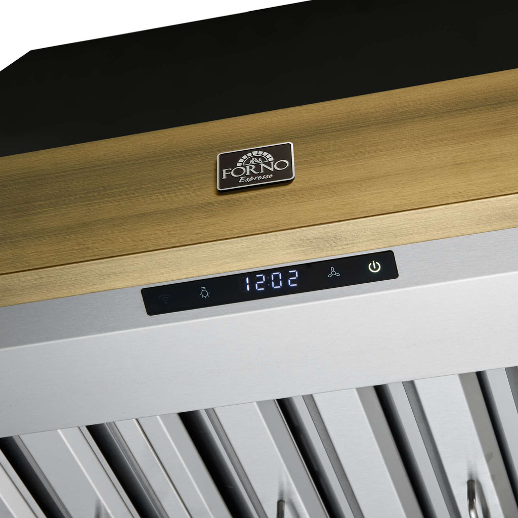 Forno Vittorio 36-Inch Wall Mount Range Hood, Black with Antique Brass Trim, 424 CFM Airflow, Dishwasher-Safe Baffle Filters, Remote Control, 3-Speed Fan, Bright LED Lighting.