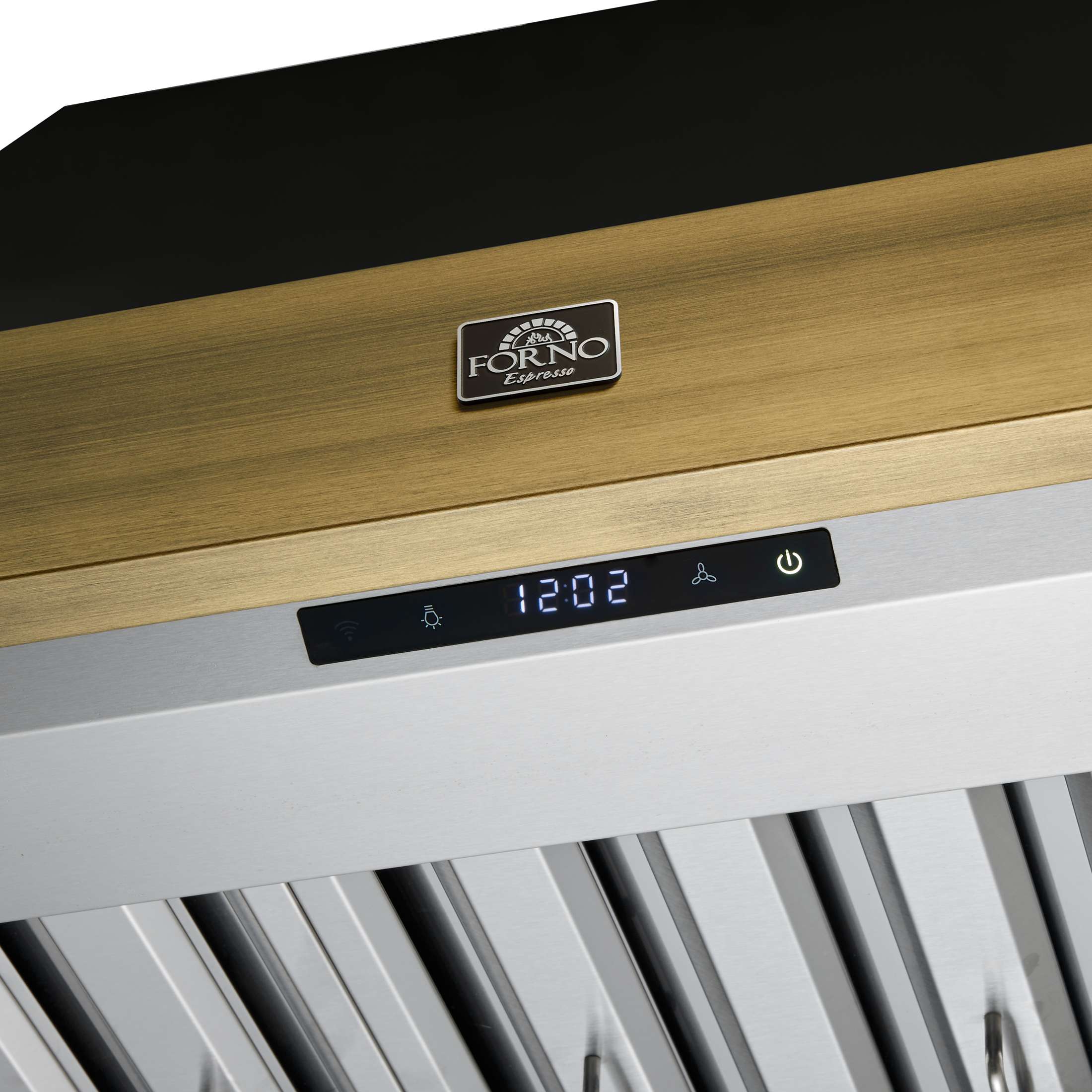 Forno Vittorio 36-Inch Wall Mount Range Hood, Black with Antique Brass Trim, 424 CFM Airflow, Dishwasher-Safe Baffle Filters, Remote Control, 3-Speed Fan, Bright LED Lighting.