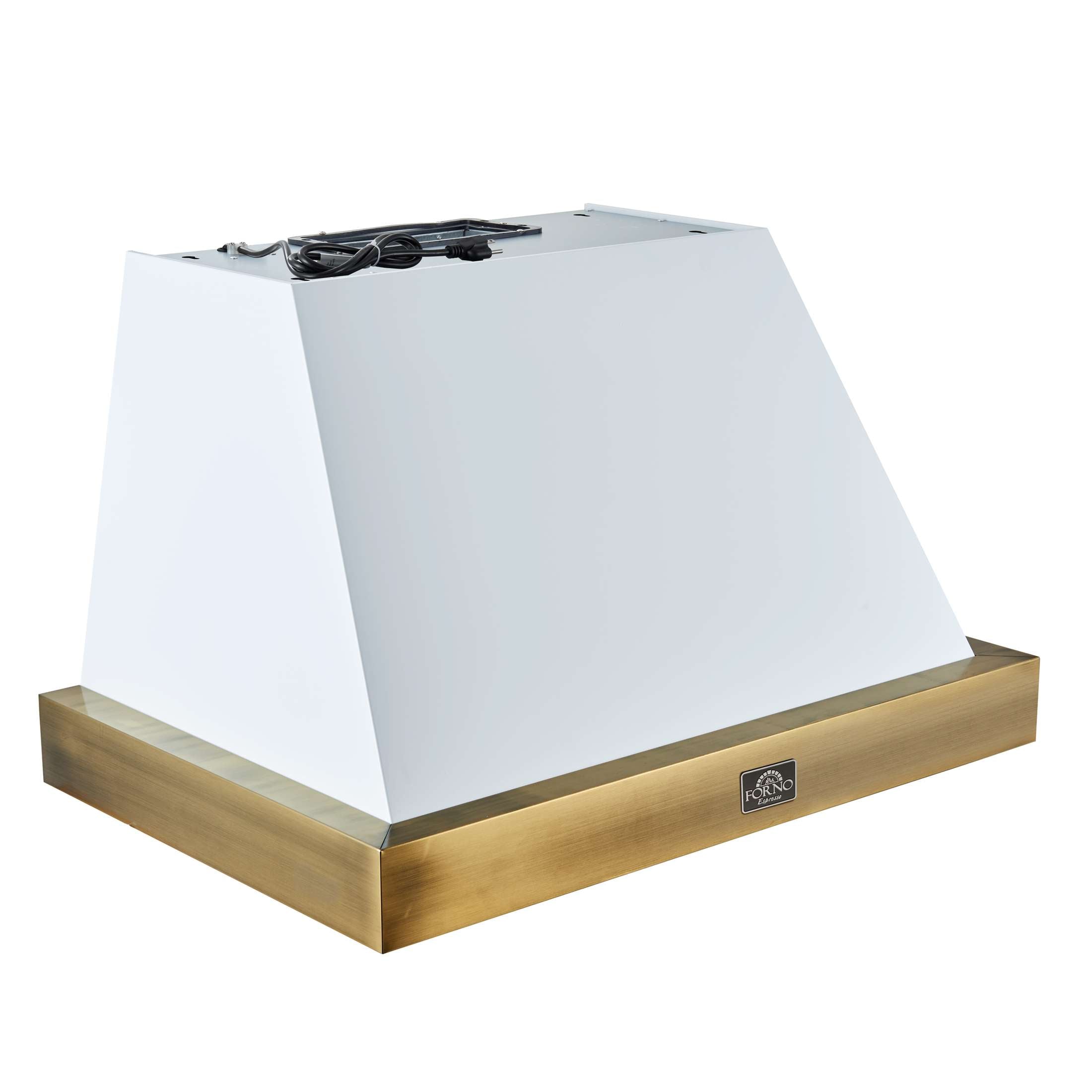 Forno Vittorio 36-Inch Wall Mount Range Hood, White with Antique Brass Trim, 424 CFM Airflow, Dishwasher-Safe Baffle Filters, Remote Control, 3-Speed Fan, Bright LED Lighting.