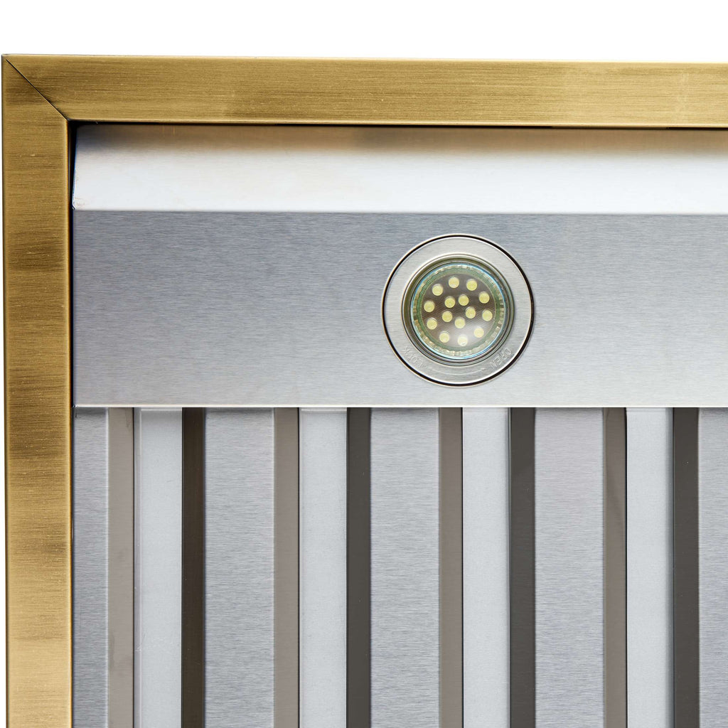 Forno Vittorio 36-Inch Wall Mount Range Hood, White with Antique Brass Trim, 424 CFM Airflow, Dishwasher-Safe Baffle Filters, Remote Control, 3-Speed Fan, Bright LED Lighting.