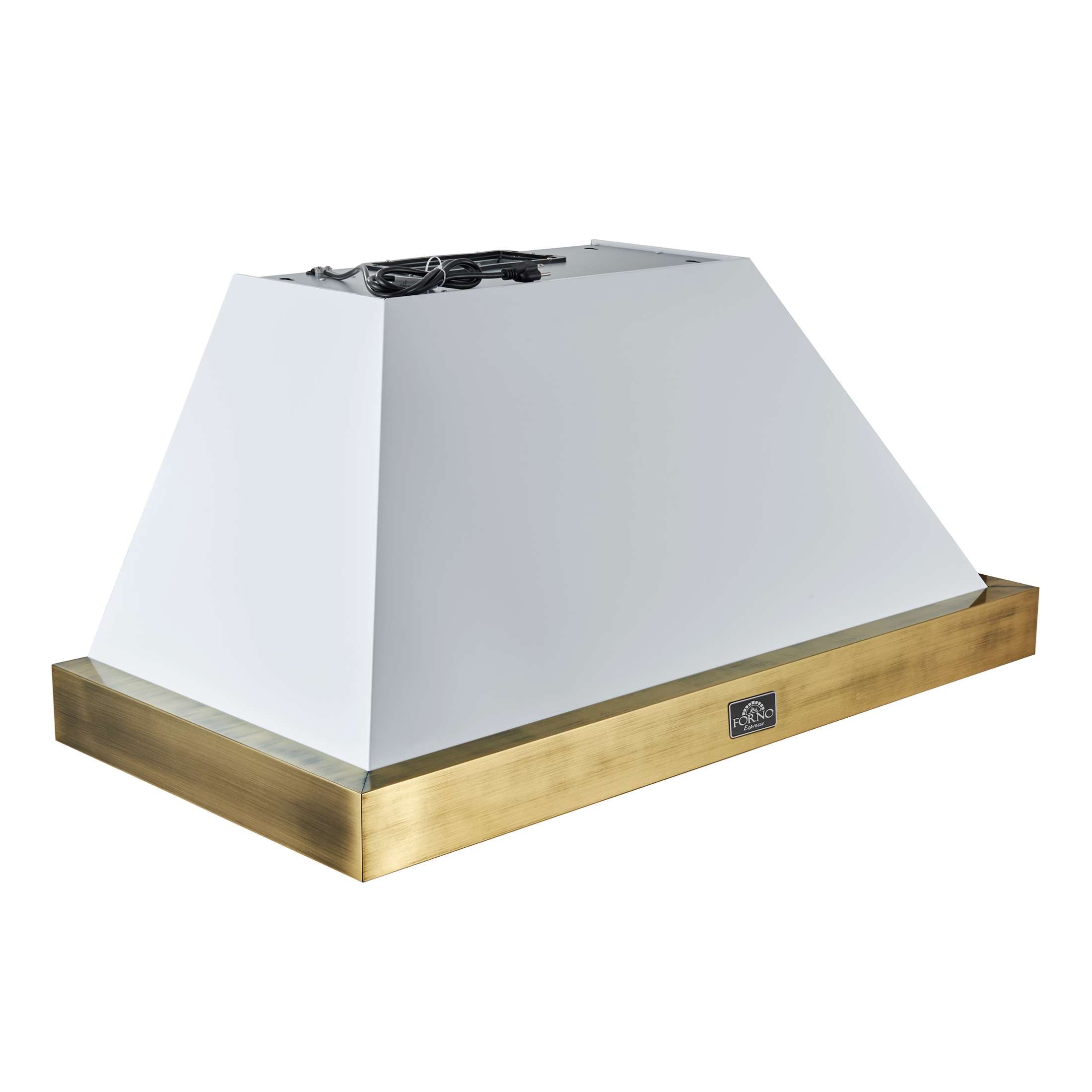 Forno Vittorio 48-Inch Wall Mount Range Hood, White with Antique Brass Trim, 424 CFM Airflow, Dishwasher-Safe Baffle Filters, Remote Control, 3-Speed Fan, Bright LED Lighting