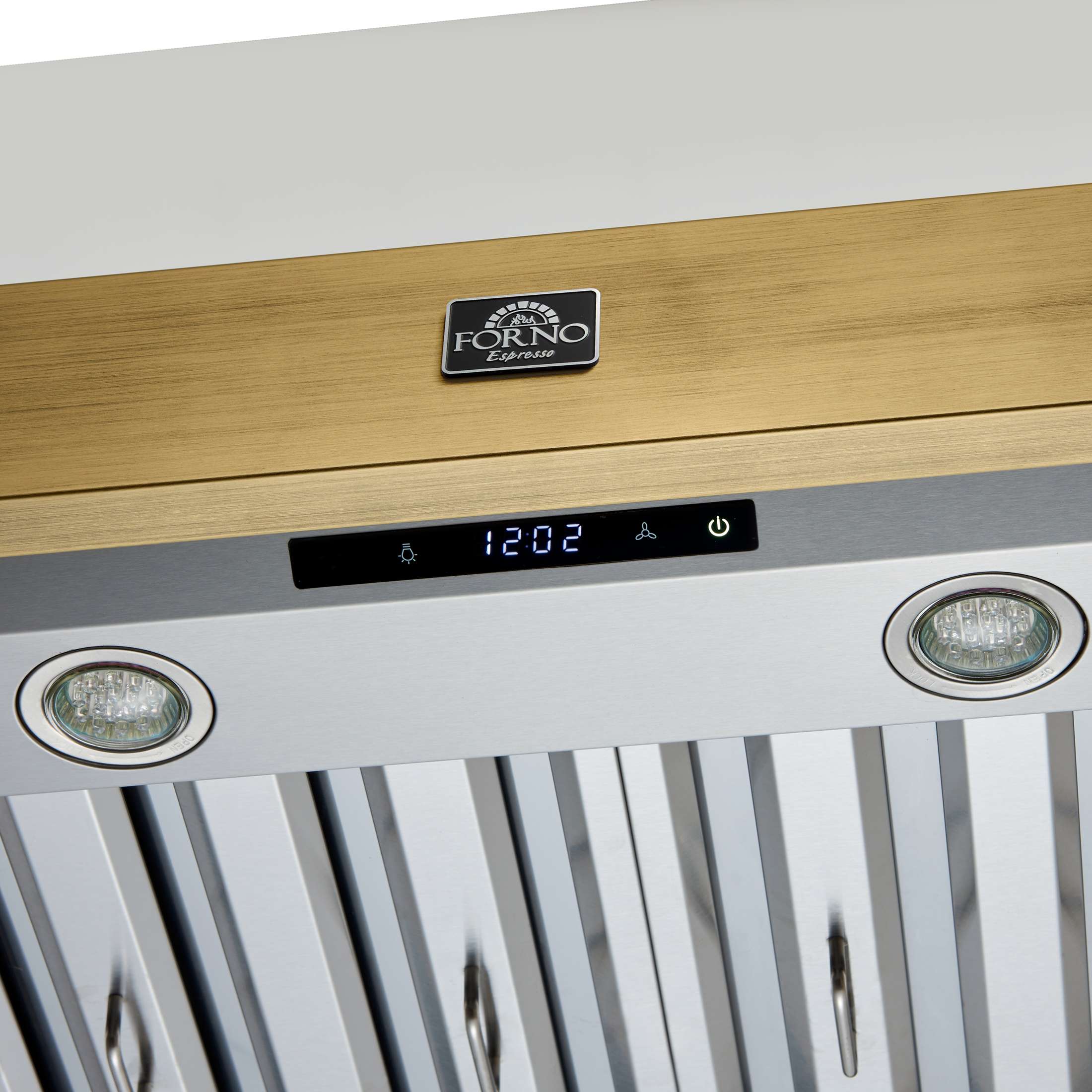 Forno Vittorio 48-Inch Wall Mount Range Hood, White with Antique Brass Trim, 424 CFM Airflow, Dishwasher-Safe Baffle Filters, Remote Control, 3-Speed Fan, Bright LED Lighting
