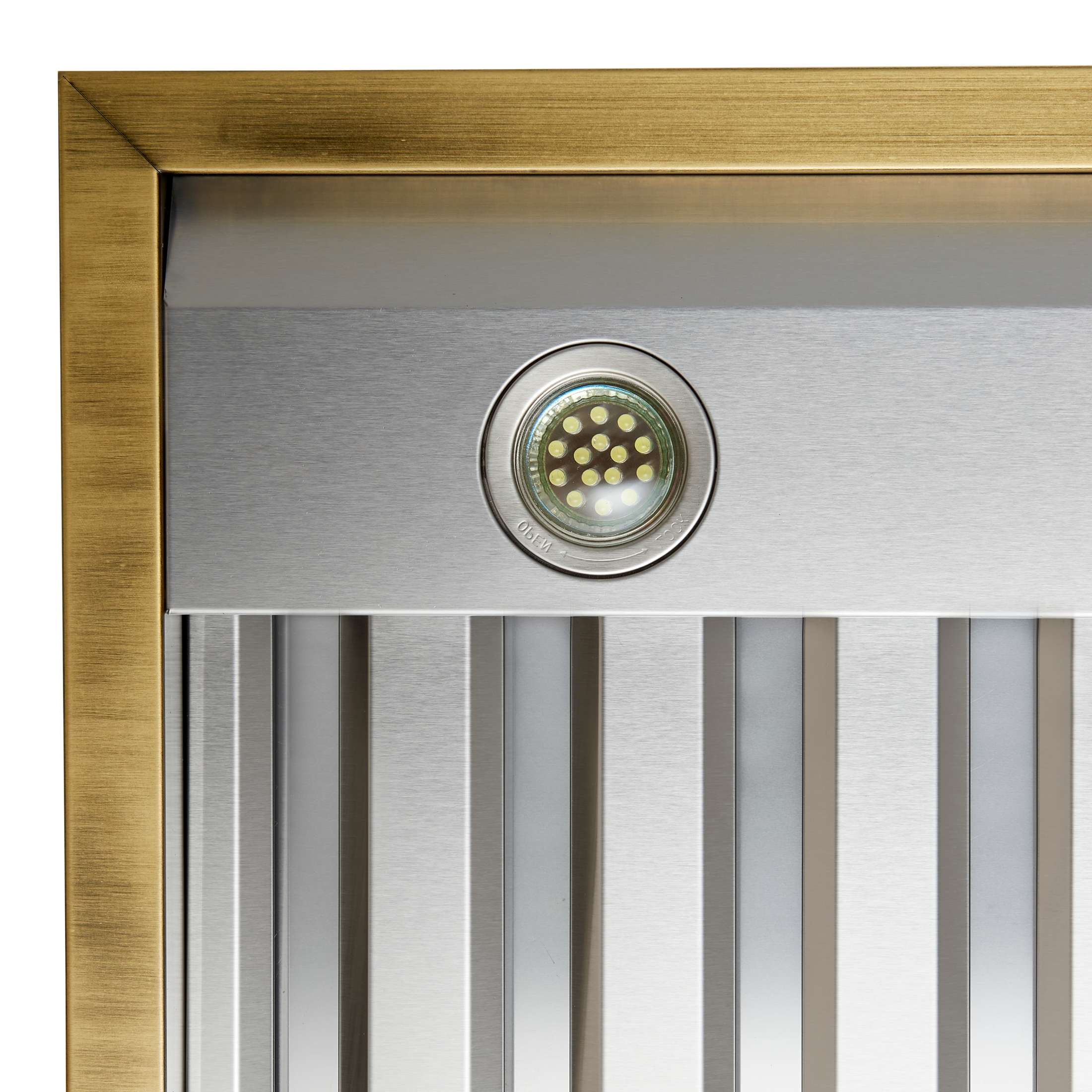 Forno Vittorio 48-Inch Wall Mount Range Hood, White with Antique Brass Trim, 424 CFM Airflow, Dishwasher-Safe Baffle Filters, Remote Control, 3-Speed Fan, Bright LED Lighting