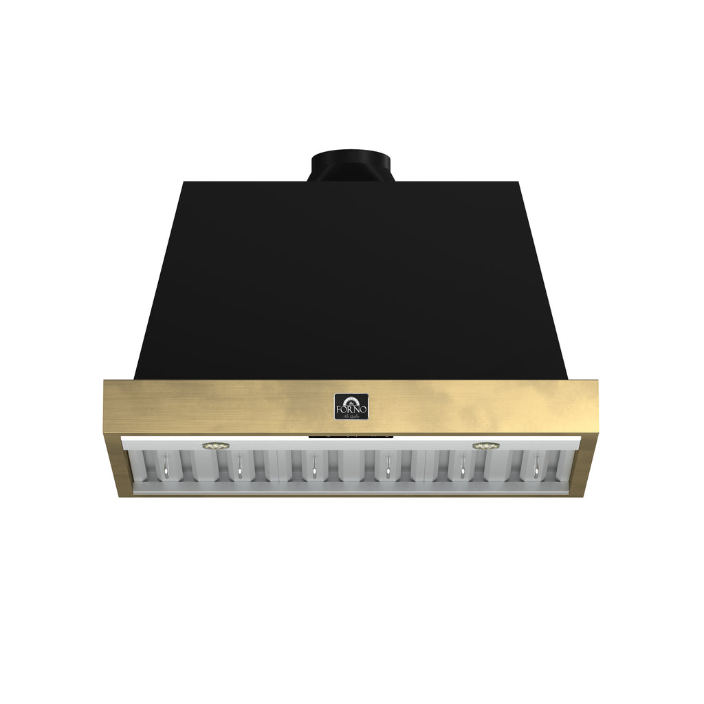 Forno Vittorio 36-Inch Wall Mount Range Hood, Black with Antique Brass Trim, 424 CFM Airflow, Dishwasher-Safe Baffle Filters, Remote Control, 3-Speed Fan, Bright LED Lighting.