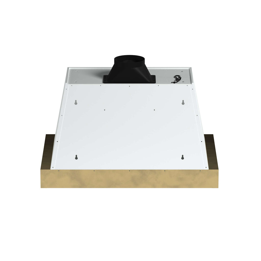 Forno Vittorio 36-Inch Wall Mount Range Hood, White with Antique Brass Trim, 424 CFM Airflow, Dishwasher-Safe Baffle Filters, Remote Control, 3-Speed Fan, Bright LED Lighting.