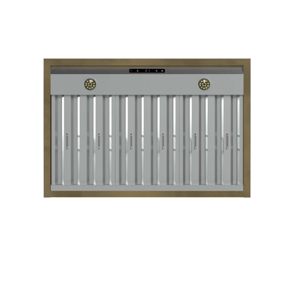 Forno Vittorio 36-Inch Wall Mount Range Hood, White with Antique Brass Trim, 424 CFM Airflow, Dishwasher-Safe Baffle Filters, Remote Control, 3-Speed Fan, Bright LED Lighting.