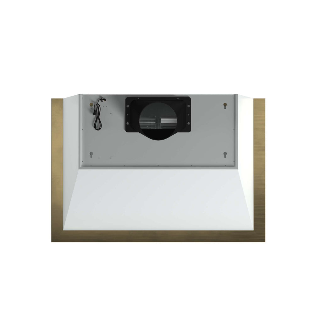 Forno Vittorio 36-Inch Wall Mount Range Hood, White with Antique Brass Trim, 424 CFM Airflow, Dishwasher-Safe Baffle Filters, Remote Control, 3-Speed Fan, Bright LED Lighting.