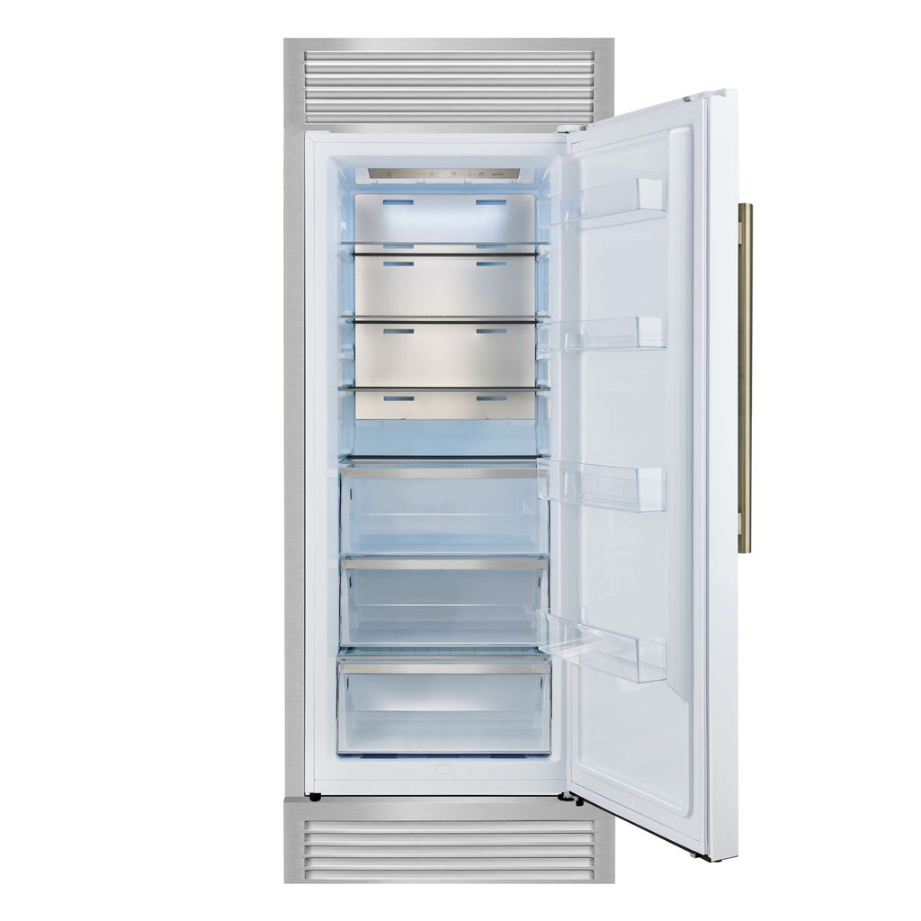 Forno Maderno 28-Inch Built-In Convertible Refrigerator in White with Antique Brass Handle, 13.6 cu.ft. Right Swing with Decorative Trim - 32-Inch Wide