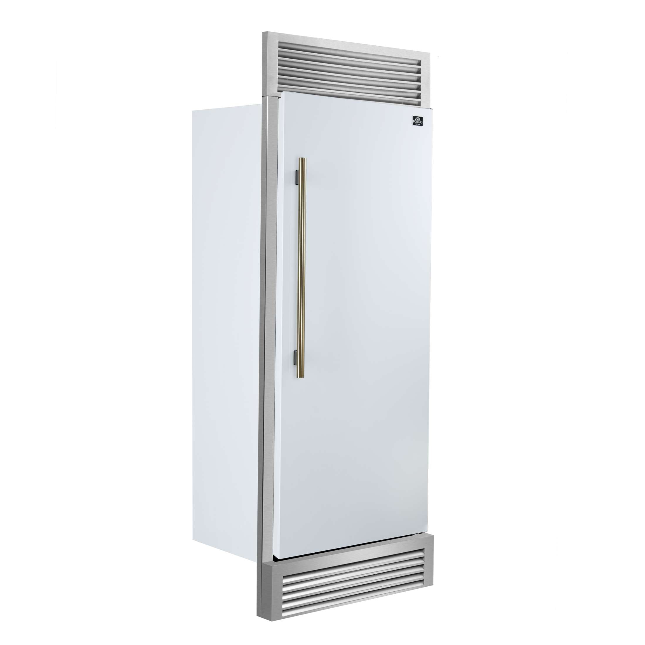 Forno Maderno 28-Inch Built-In Convertible Refrigerator in White with Antique Brass Handle, 13.6 cu.ft. Right Swing with Decorative Trim - 32-Inch Wide