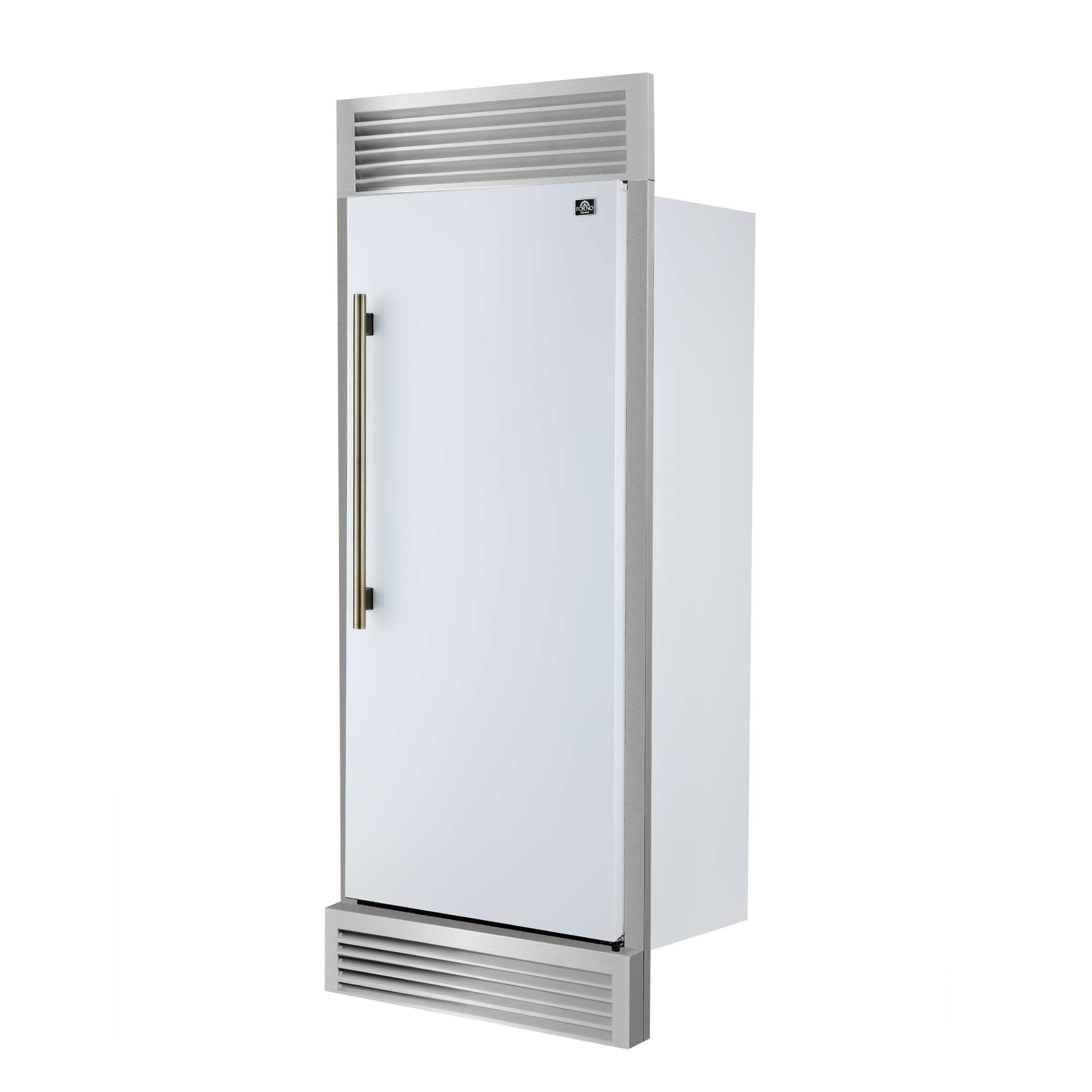 Forno Maderno 28-Inch Built-In Convertible Refrigerator in White with Antique Brass Handle, 13.6 cu.ft. Right Swing with Decorative Trim - 32-Inch Wide