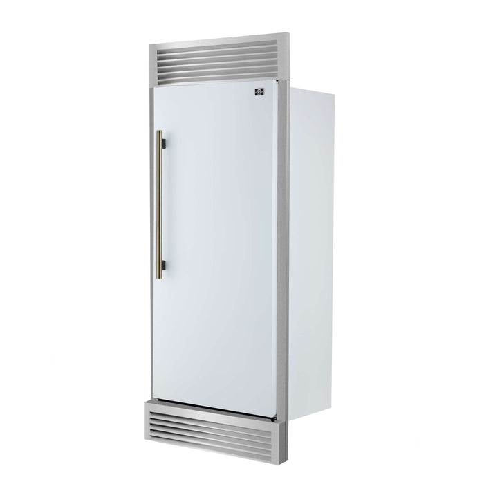 Forno Maderno 28-Inch Built-In Convertible Refrigerator in White with Antique Brass Handle, 13.6 cu.ft. Right Swing with Decorative Trim - 32-Inch Wide