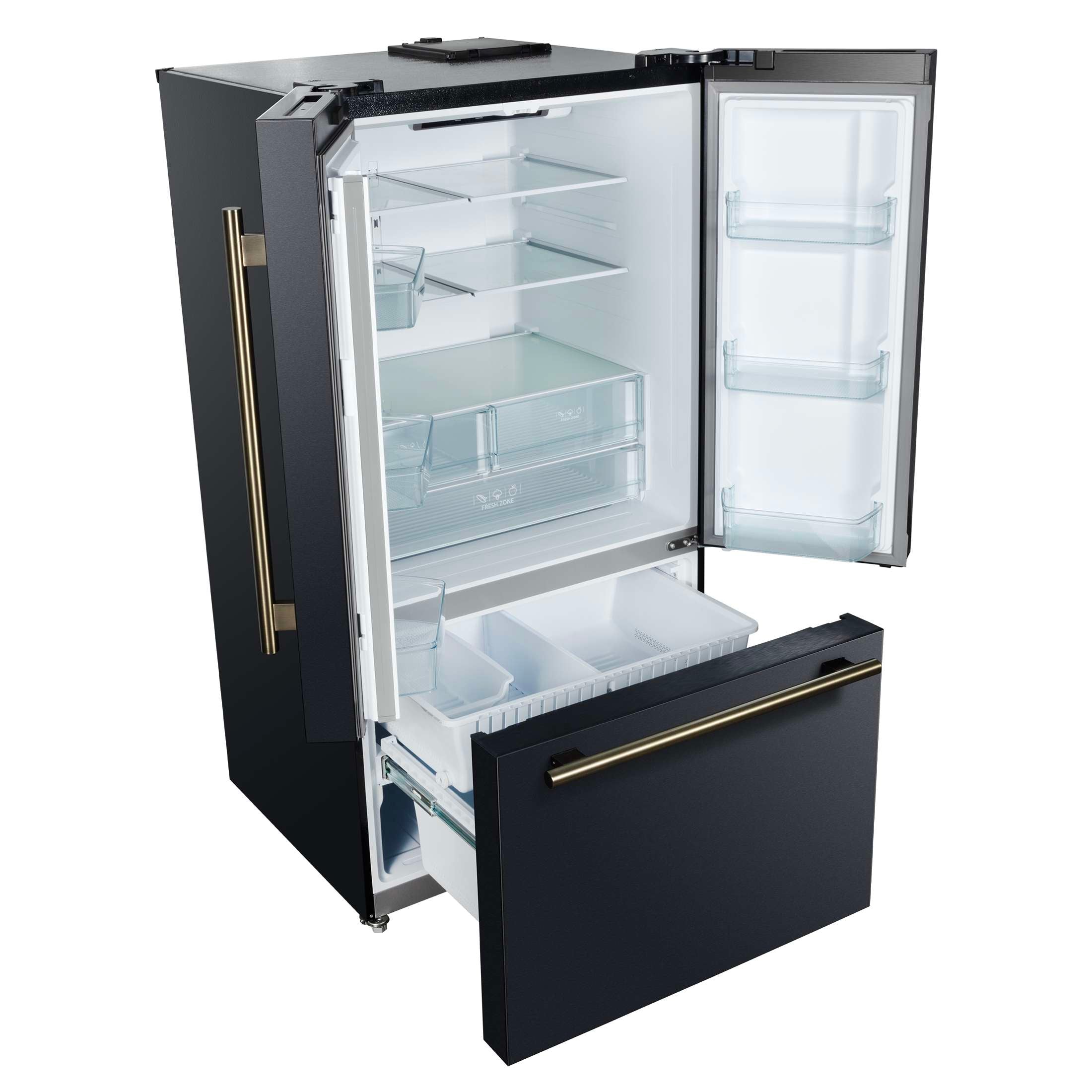 Forno Rivello 36 Inch French Door Refrigerator in Black with Antique Brass, Internal Water Dispenser, Filtered Ice, Adjustable Shelves, Energy Star Certified