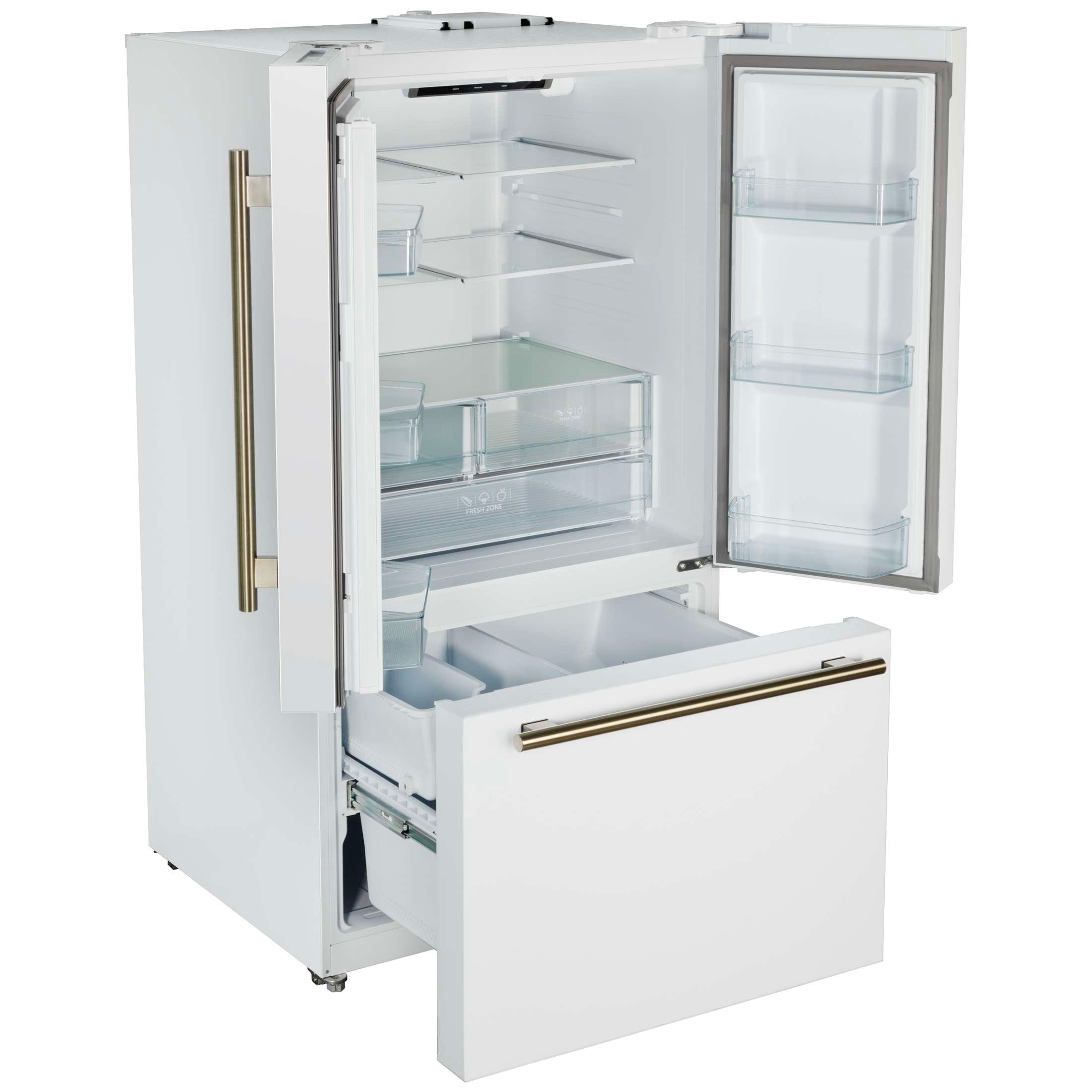 Forno Rivello 36 Inch French Door Refrigerator in White with Antique Brass, Internal Water Dispenser, Filtered Ice, Adjustable Shelves, Energy Star Certified