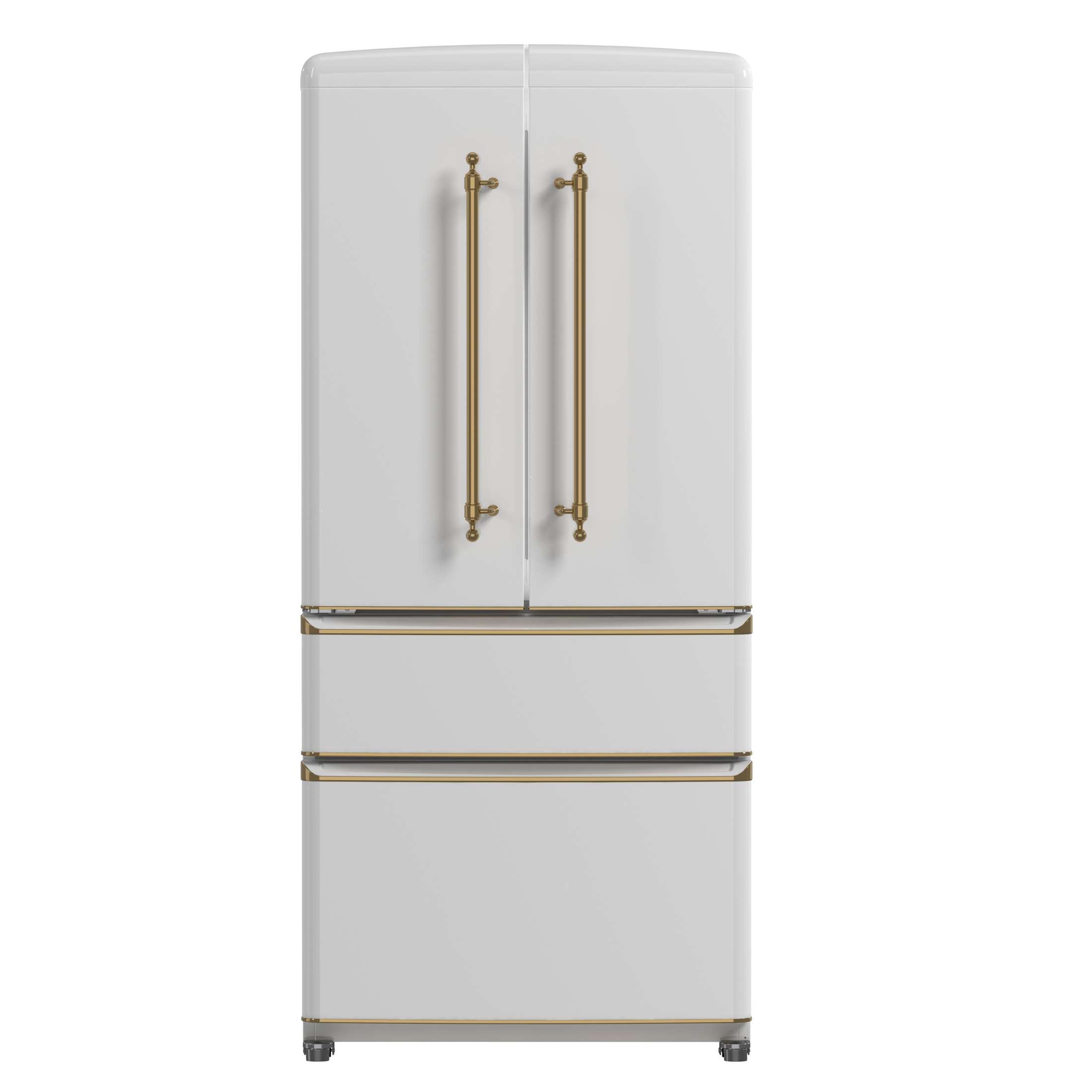 Forno Luigi 33-Inch French Door Refrigerator, 18 cu.ft, White Finish, Antique Brass Handles, ENERGY STAR Certified