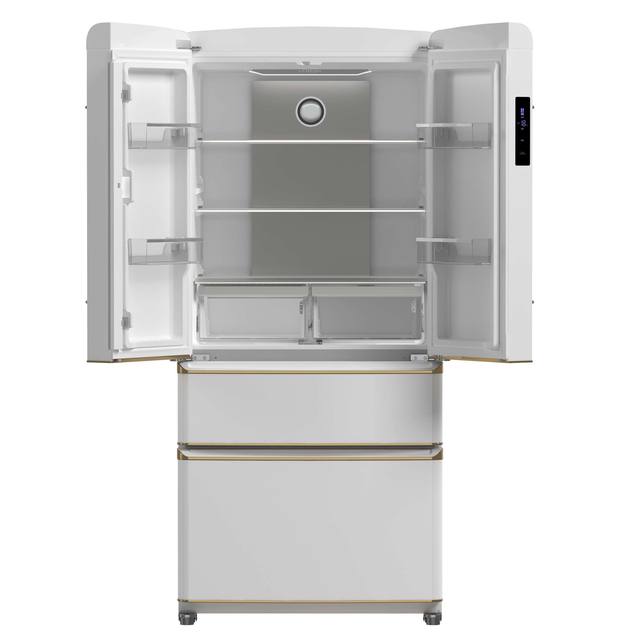 Forno Luigi 33-Inch French Door Refrigerator, 18 cu.ft, White Finish, Antique Brass Handles, ENERGY STAR Certified