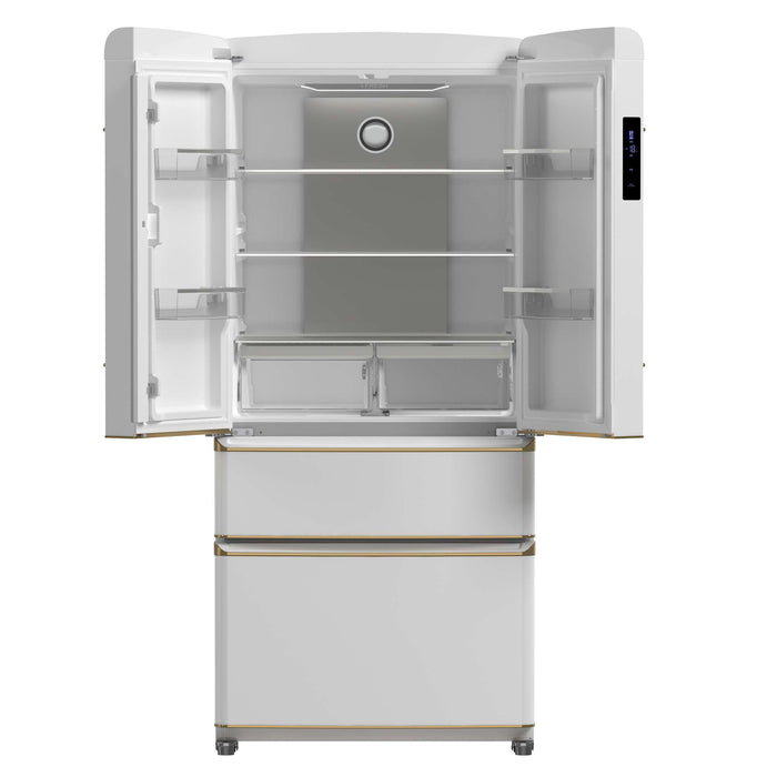 Forno Luigi 33-Inch French Door Refrigerator, 18 cu.ft, White Finish, Antique Brass Handles, ENERGY STAR Certified