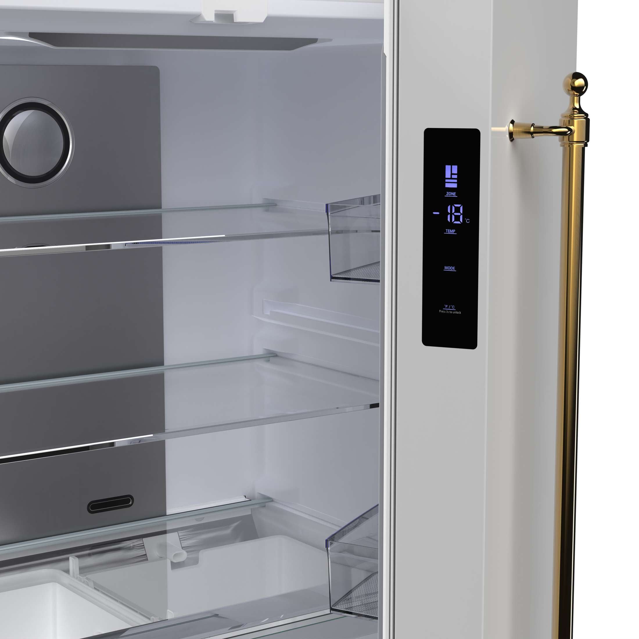 Forno Luigi 33-Inch French Door Refrigerator, 18 cu.ft, White Finish, Antique Brass Handles, ENERGY STAR Certified