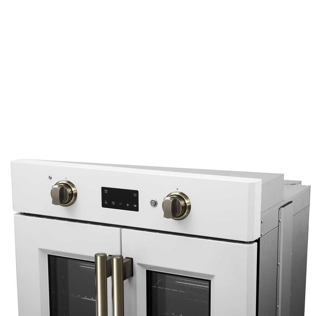 Forno Asti 30-Inch French Door Electric Wall Oven in White & Antique Brass, 3.68 cu. ft. True Convection, 3,600W, Air Fry, Sous Vide, Self-Clean