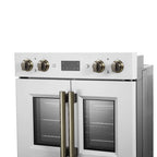 Forno Asti 30-Inch Double Electric Wall Oven with Upper French Doors in White & Antique Brass, 7.36 cu. ft. Dual True Convection, 7,200W, Air Fry, Sous Vide, Self-Clean