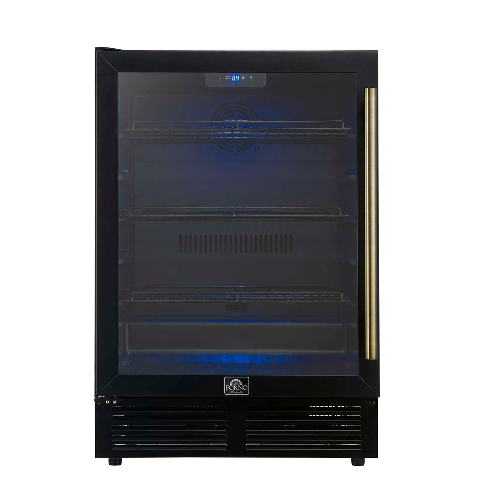 Forno Frescolino 24 Inch Beverage Cooler, Black with Antique Brass Handles, with LED Lighting, Triple Glass Door, 188 Can Capacity, Built-In or Freestanding