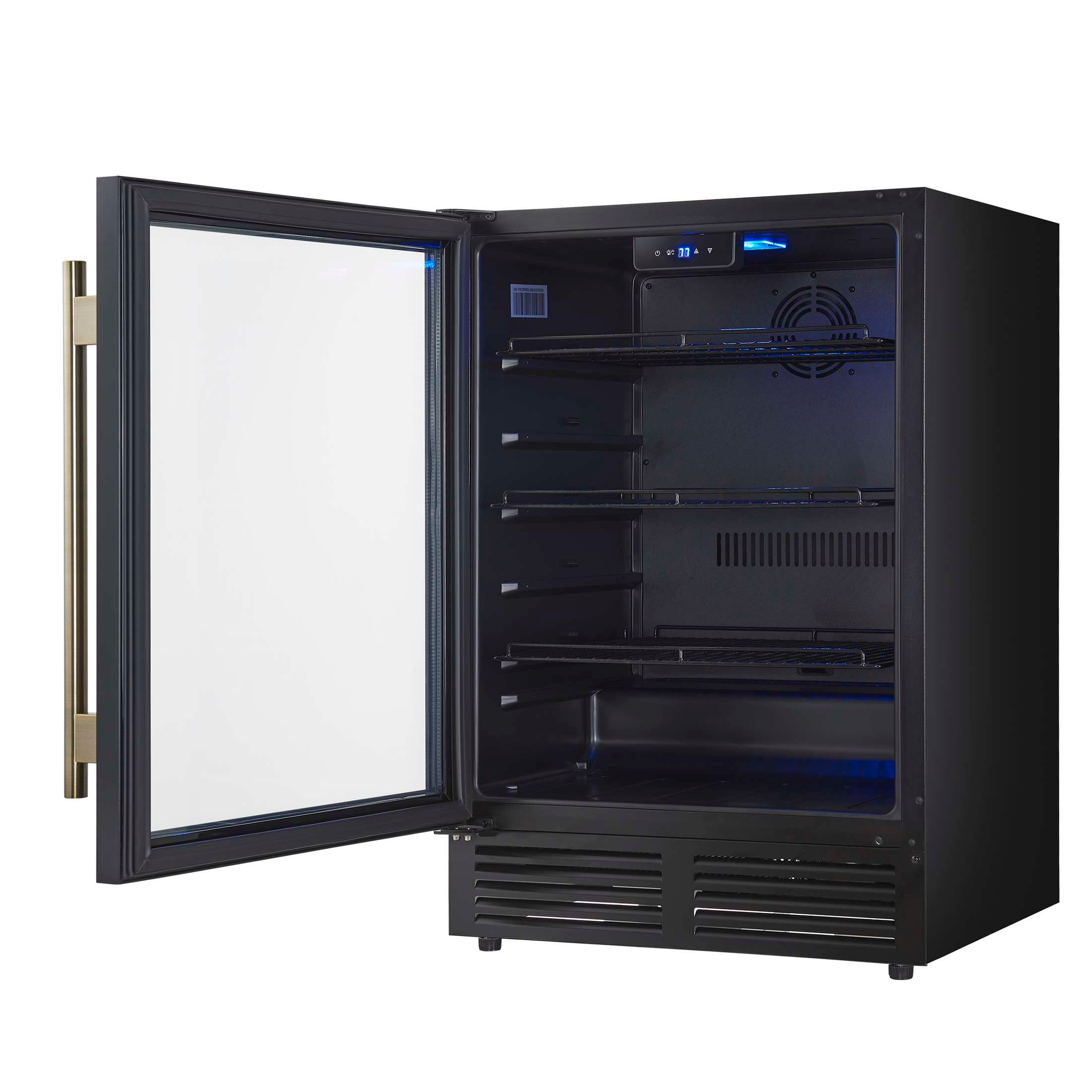 Forno Frescolino 24 Inch Beverage Cooler, Black with Antique Brass Handles, with LED Lighting, Triple Glass Door, 188 Can Capacity, Built-In or Freestanding