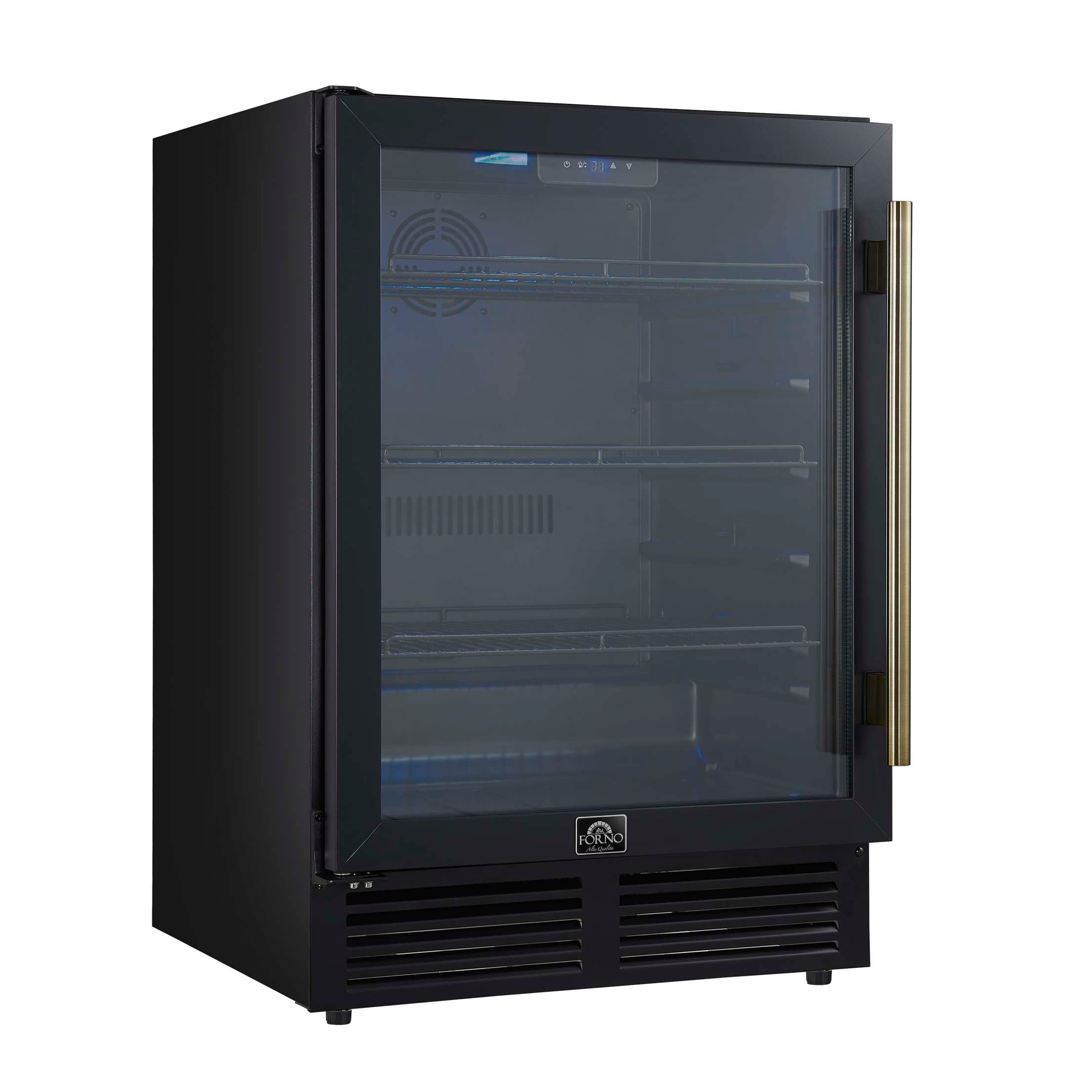 Forno Frescolino 24 Inch Beverage Cooler, Black with Antique Brass Handles, with LED Lighting, Triple Glass Door, 188 Can Capacity, Built-In or Freestanding