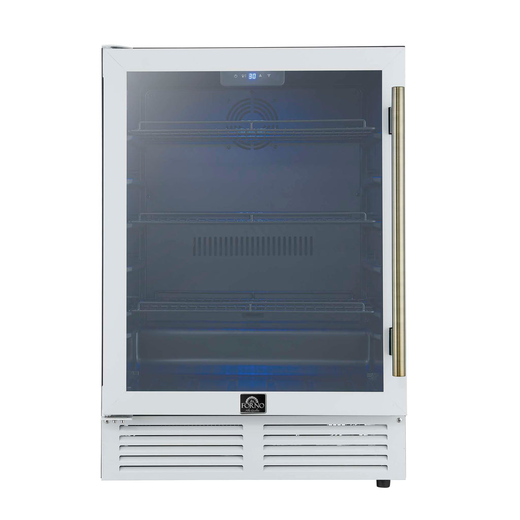 Forno Frescolino 24 Inch Beverage Cooler, White with Antique Brass Handles, with LED Lighting, Triple Glass Door, 188 Can Capacity, Built-In or Freestanding